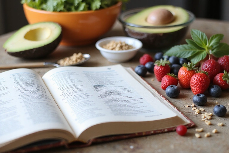 Nyitott könyv és egészséges ételek asztalon