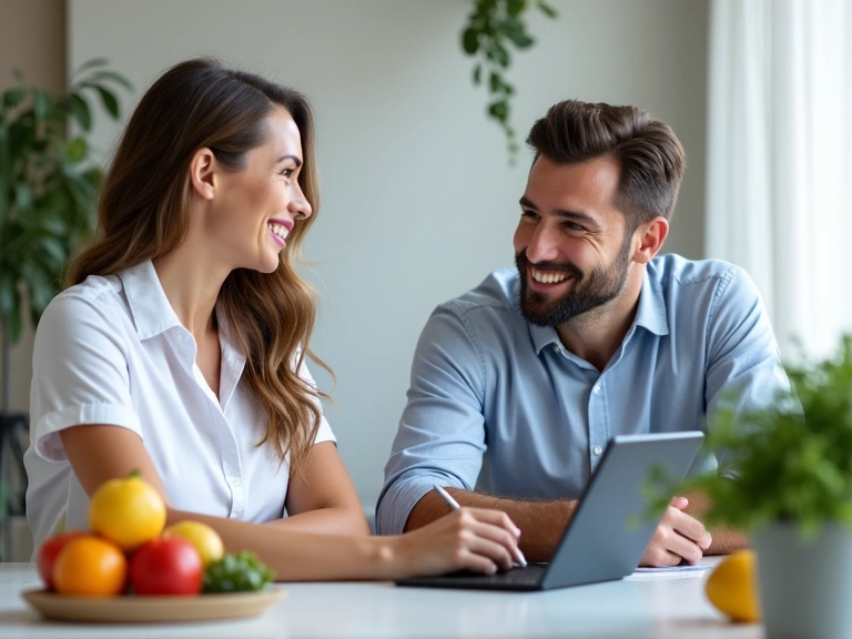 Táplálkozási szakértő konzultál egy pácienssel, professzionális és barátságos környezetben, jegyzeteket készítve.