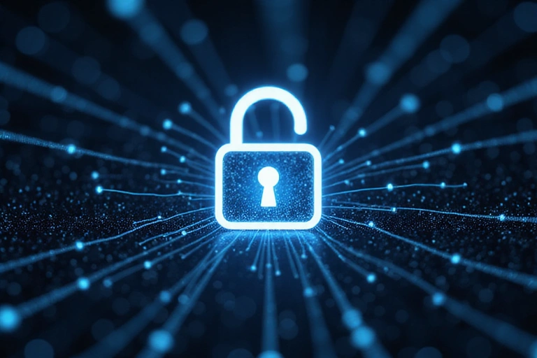 A digital lock icon superimposed on a network of connected data points, illustrating data encryption and secure data flow.
