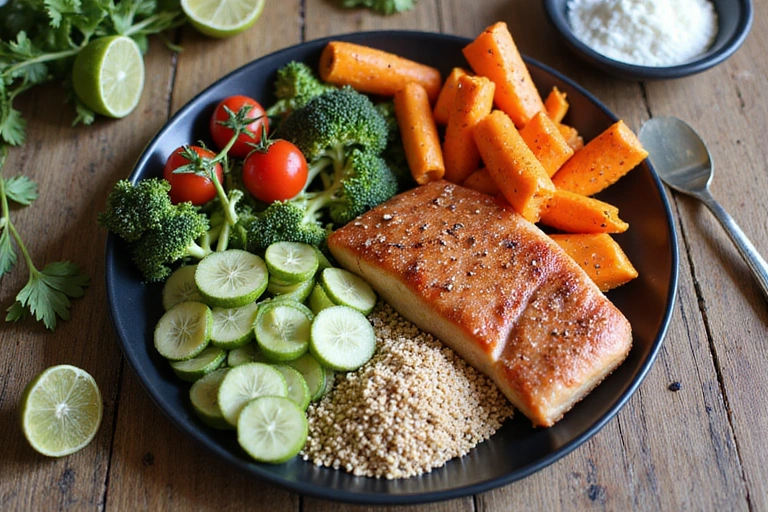 Egészséges, kiegyensúlyozott étel tervének képe egy asztalon, friss hozzávalókkal